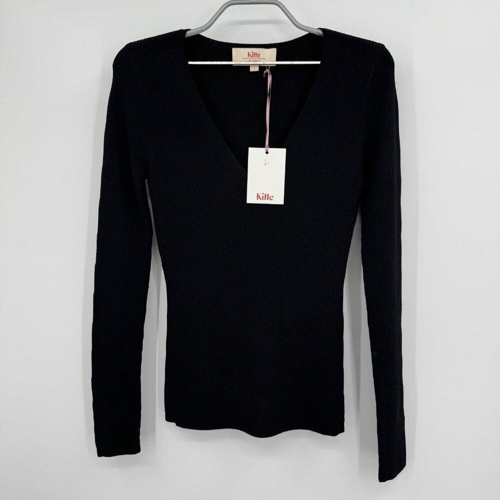 Kilte Collection The Marlee Rib Knit V-Neck Sweater size 1 S Small Black Rayon